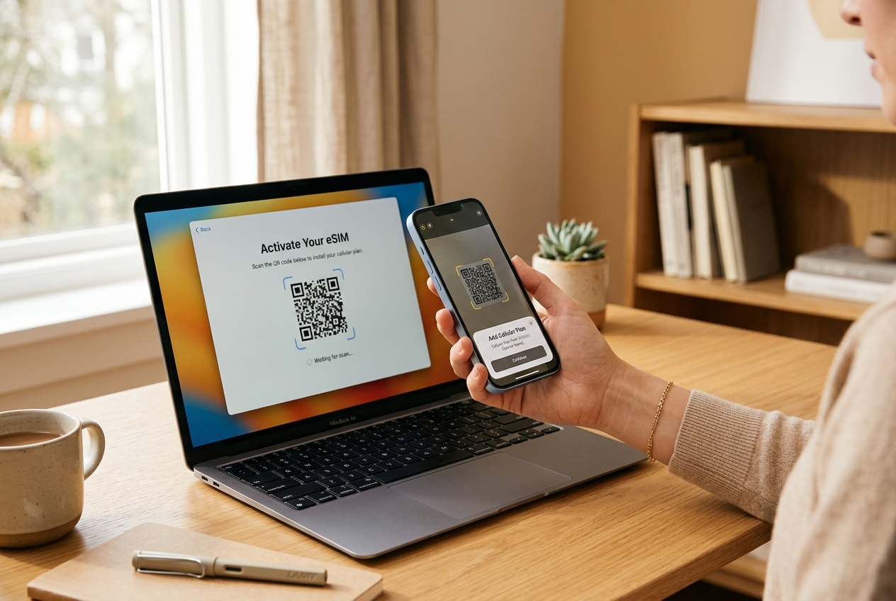 Persona escaneando código QR de activación eSIM con su smartphone