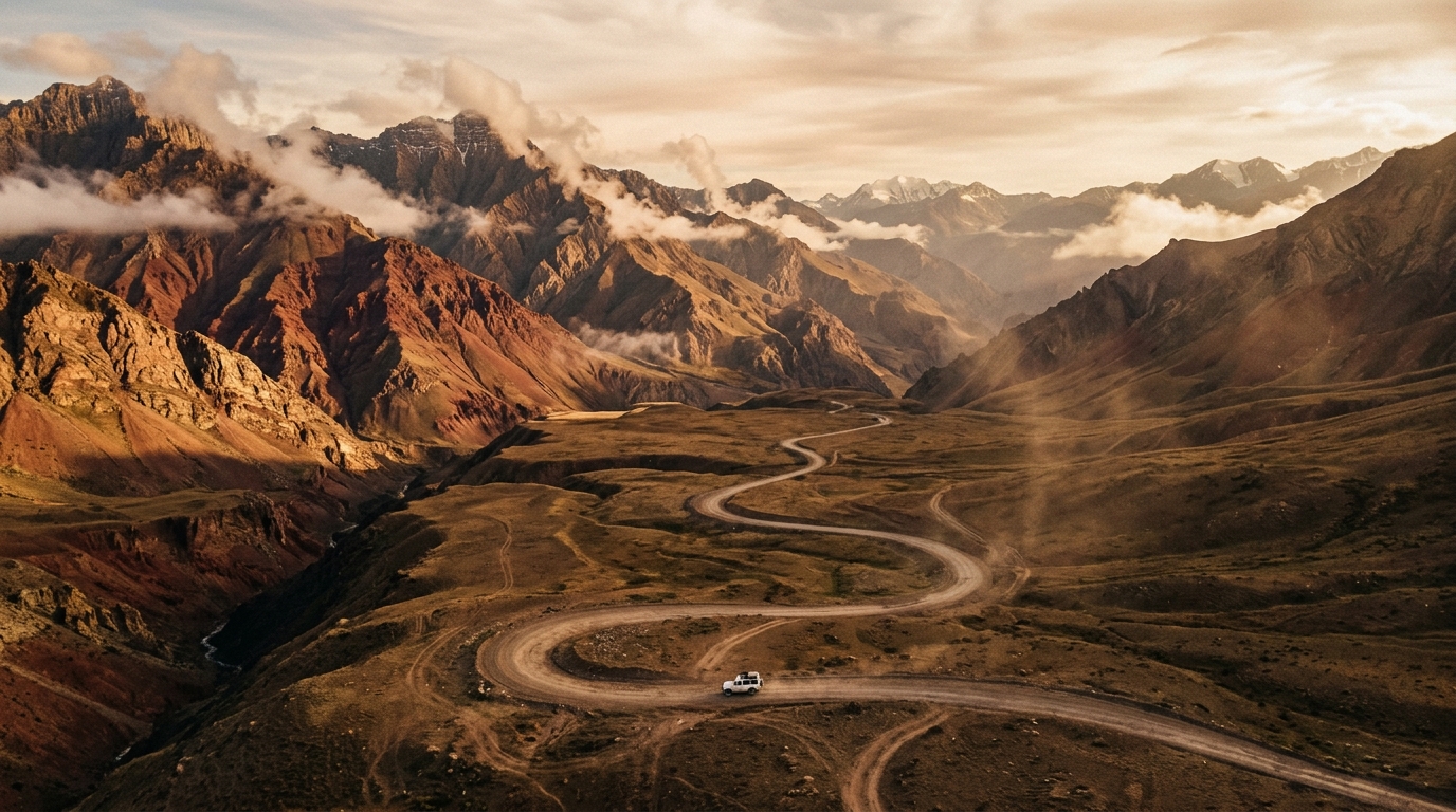 The Pamir Highway winding through Tajikistan's dramatic mountain landscape