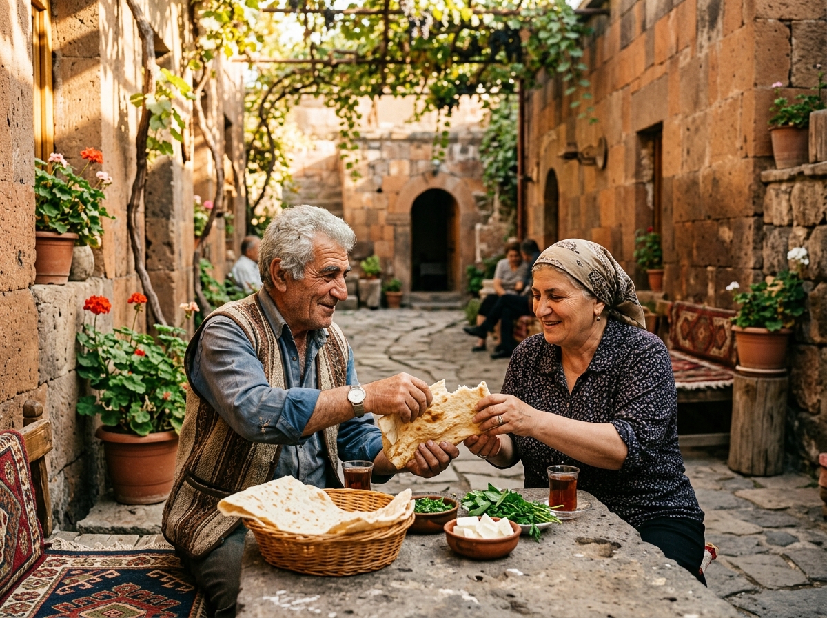 Sharing lavash in a Yerevan courtyard