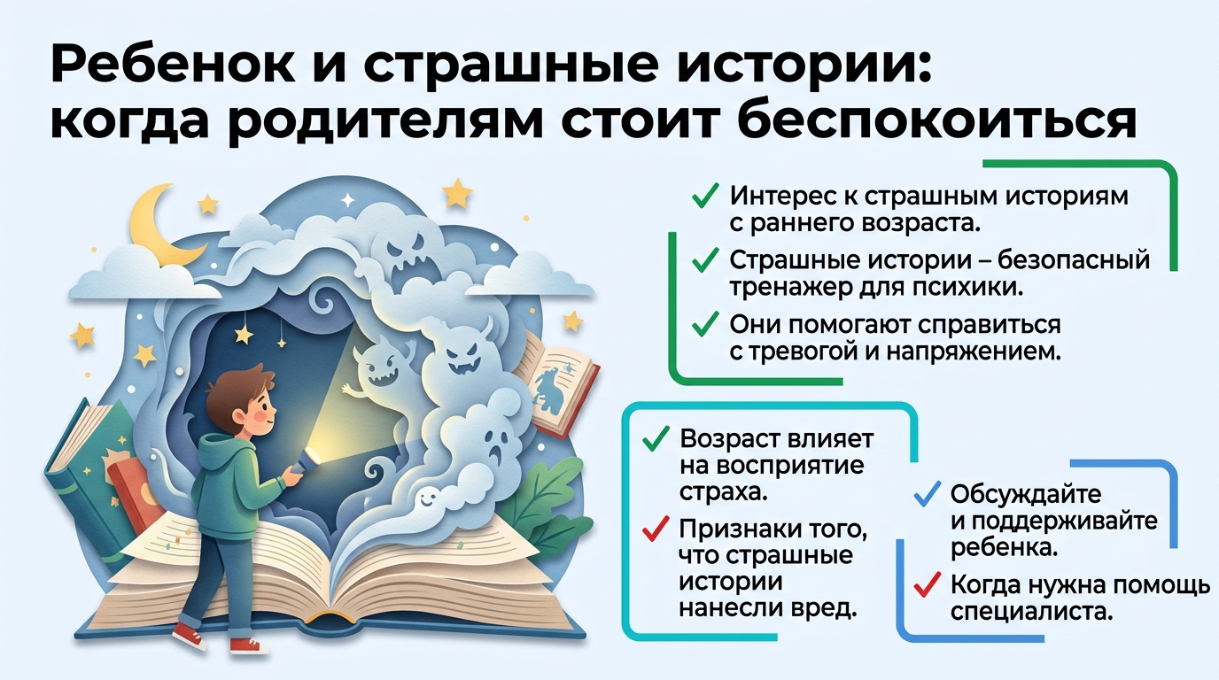 Инфографика о том, как дети воспринимают страшилки и когда родителям стоит беспокоиться.