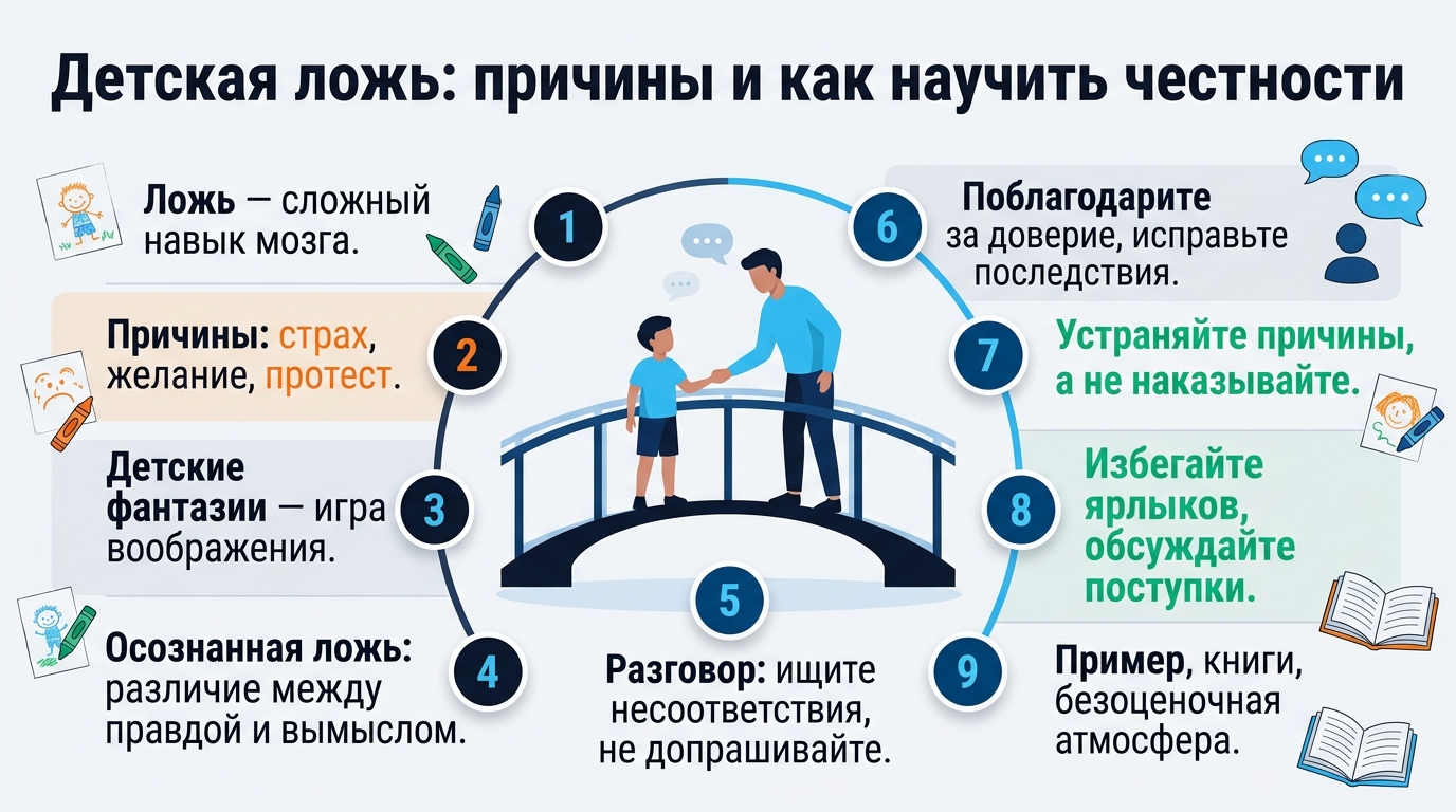 Инфографика о причинах детской лжи и методах воспитания честности.