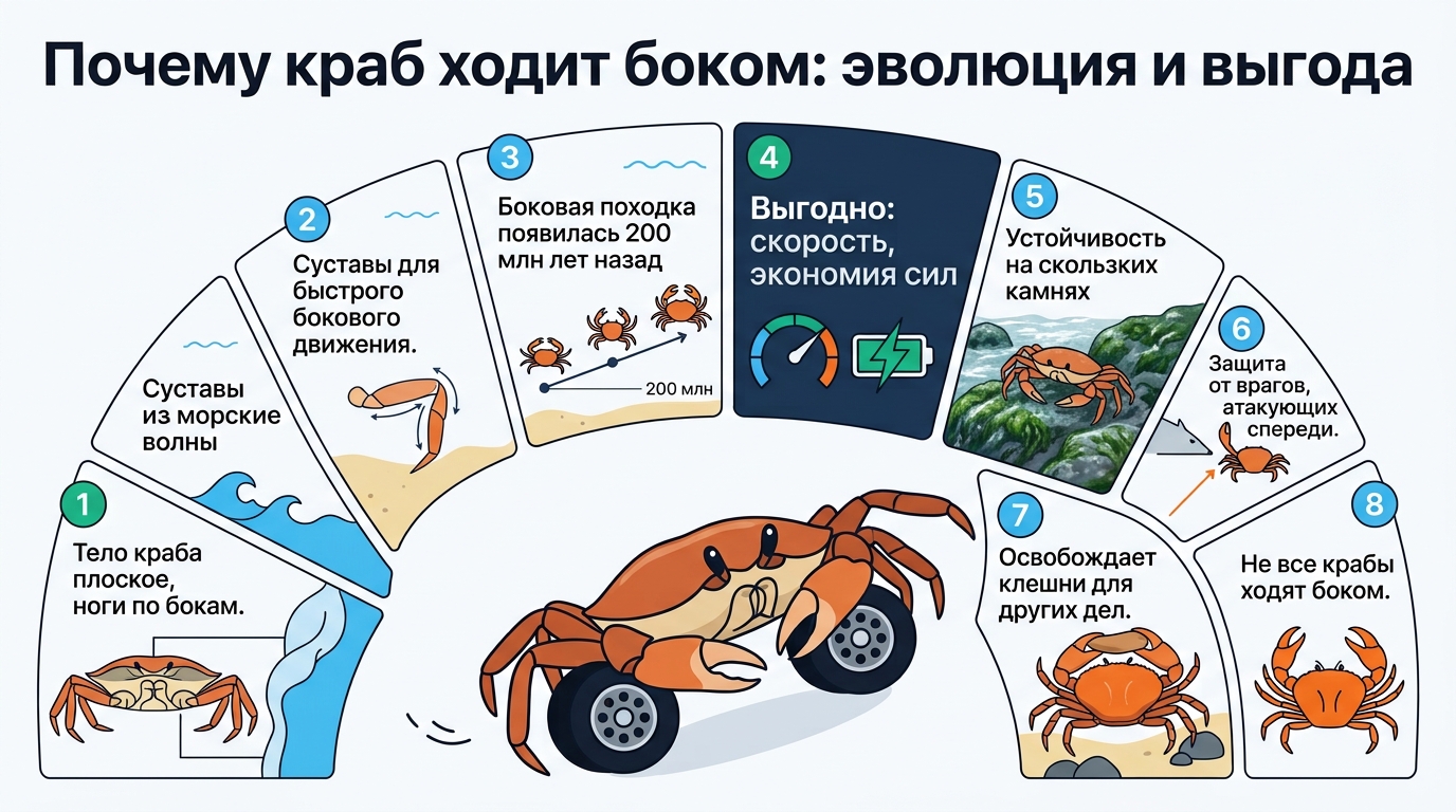Инфографика о том, почему краб ходит боком, с объяснением для детей.