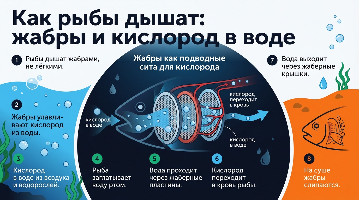 Инфографика: как рыбы дышат под водой с помощью жабр.