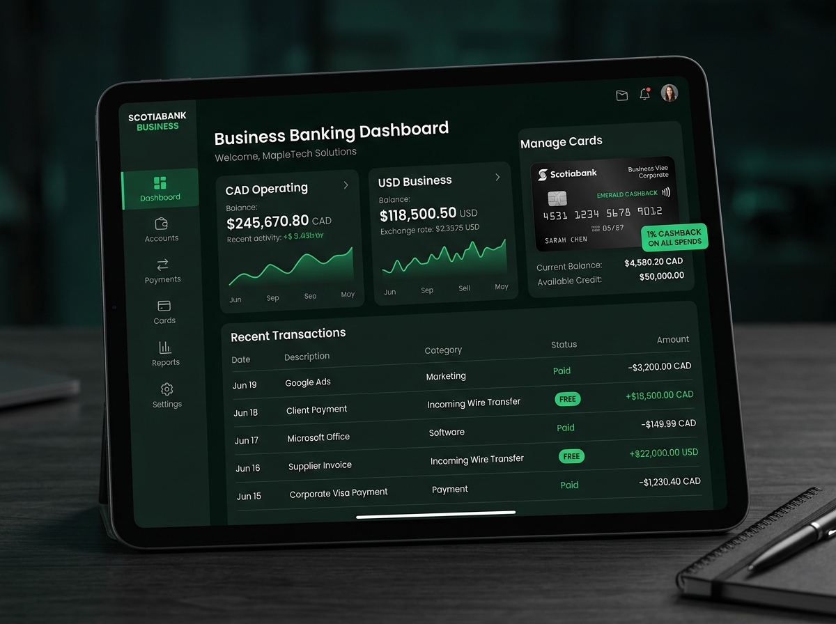 app-venn business banking dashboard showing CAD and USD accounts
