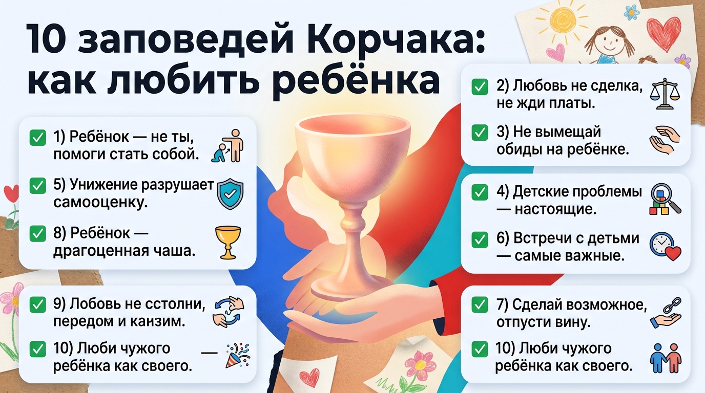 10 заповедей Януша Корчака о безусловной родительской любви и уважении к ребёнку.