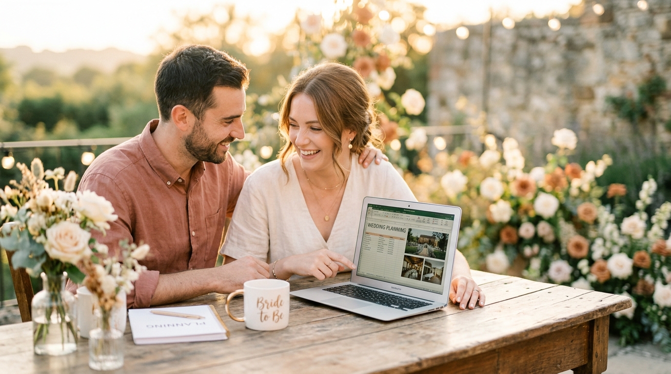 Couple planning their wedding digitally