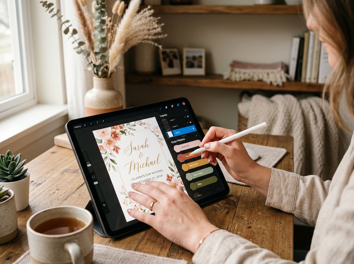 Customizing wedding invitation design on a tablet