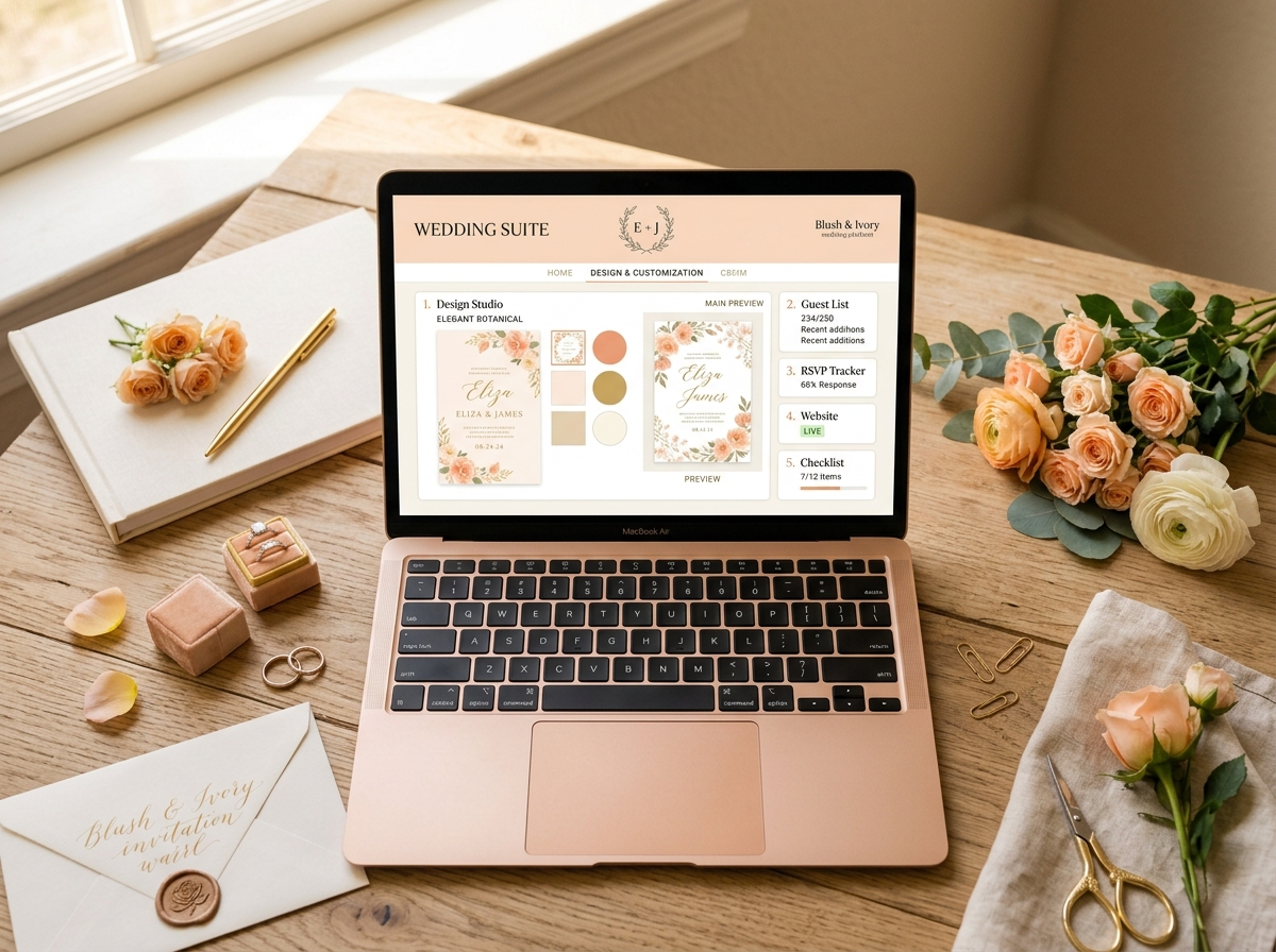 Choosing a wedding invitation platform on a laptop