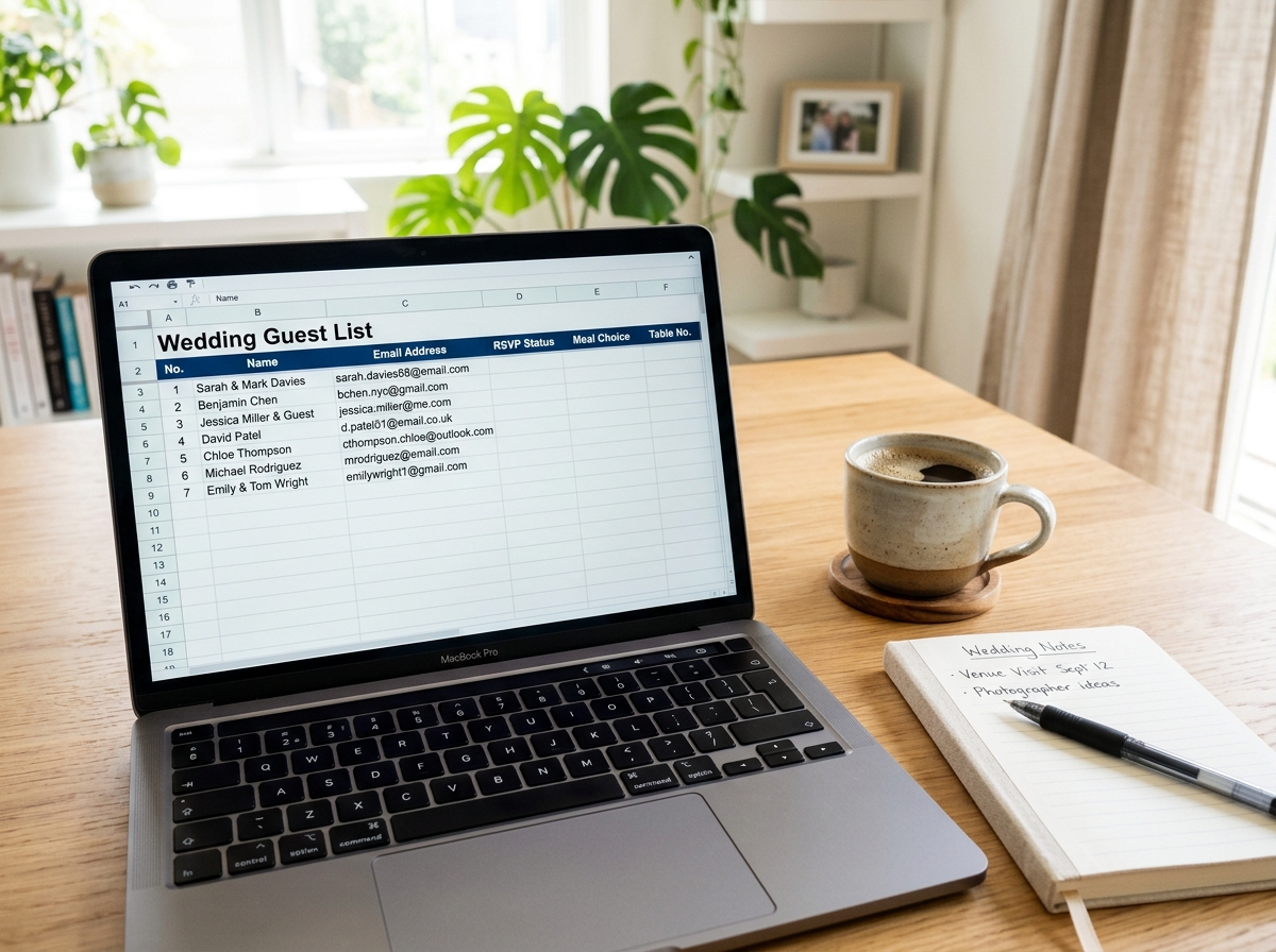 Organizing a digital wedding guest list on a laptop