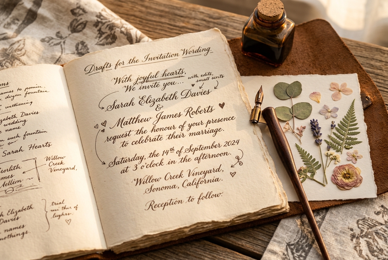 Writing wedding invitation wording in a journal