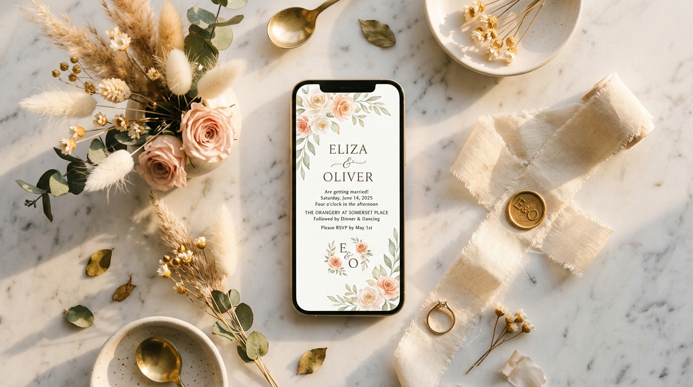 Digital wedding invitation displayed on a phone