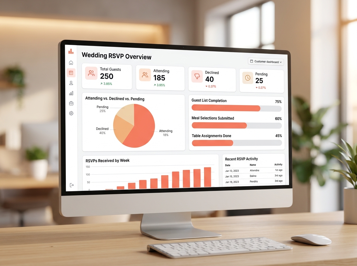 Wedding RSVP analytics dashboard on a monitor