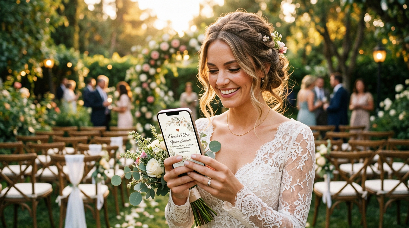 Bride viewing digital wedding invitation on smartphone