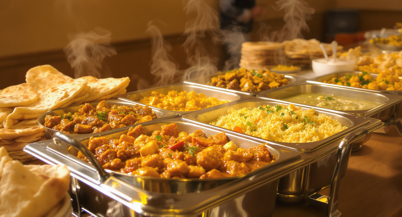 Nordindisk cateringbuffet med butter chicken, biryani og naan klar til en foreningsfest i Kastrup