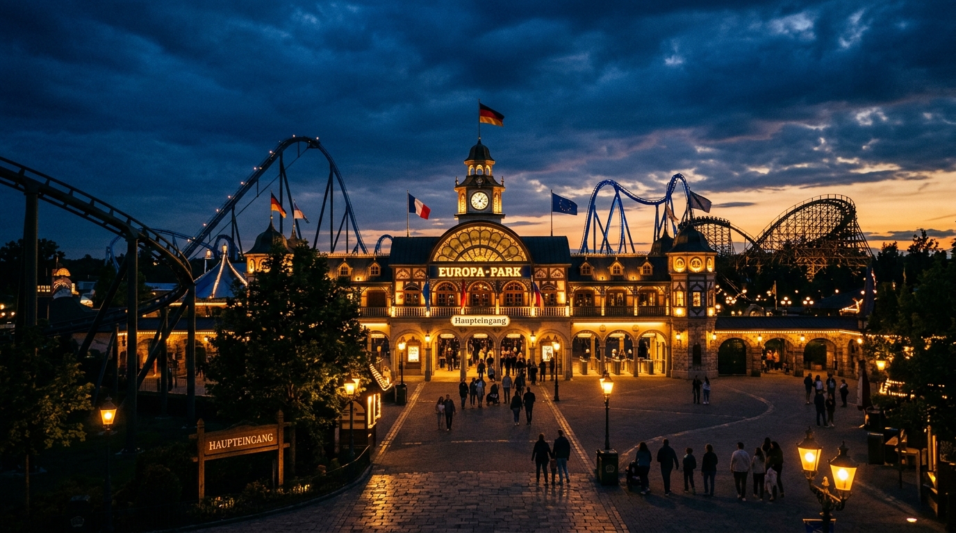 Europa-Park Eingang bei Dämmerung