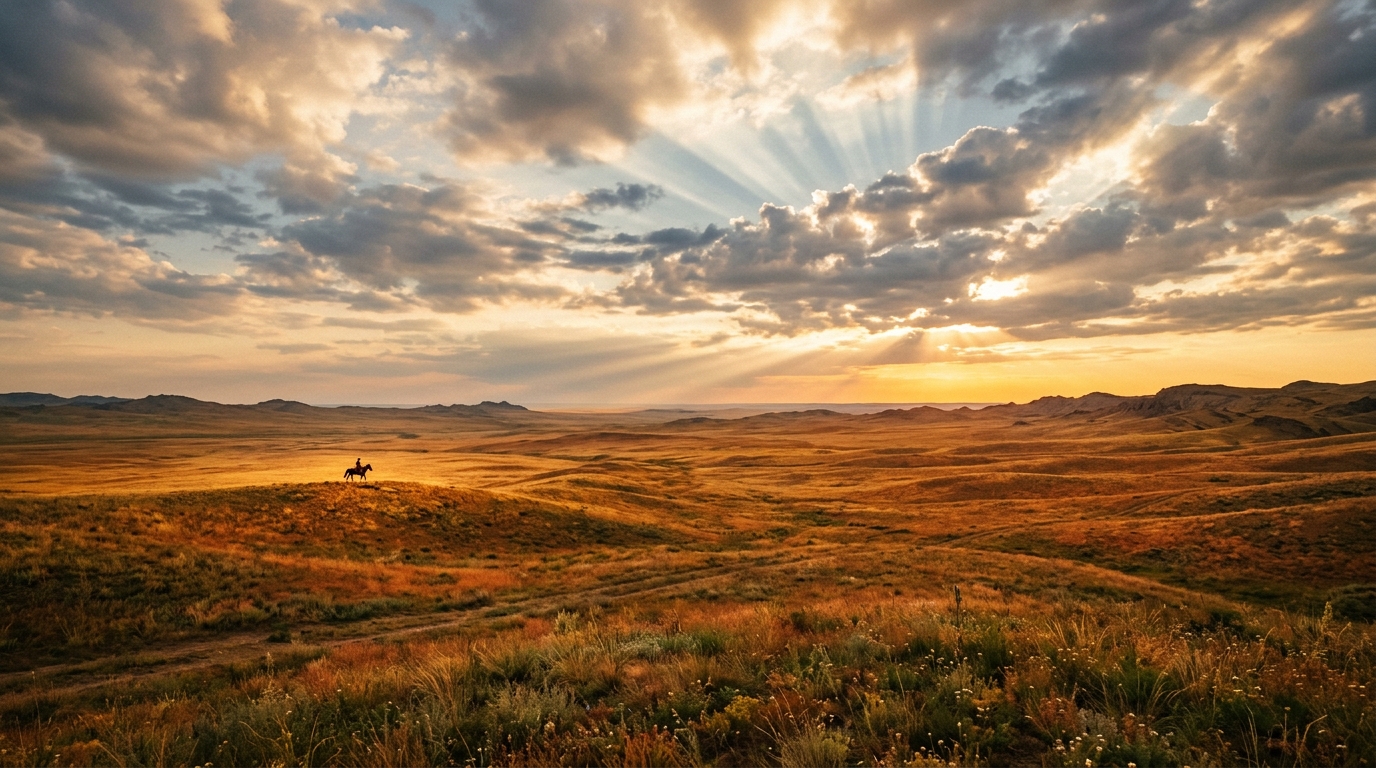 Kazakh steppe at golden hour