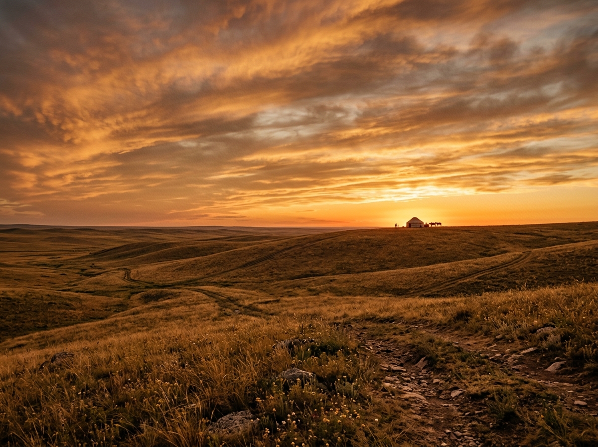 Kazakhstan steppe at golden hour