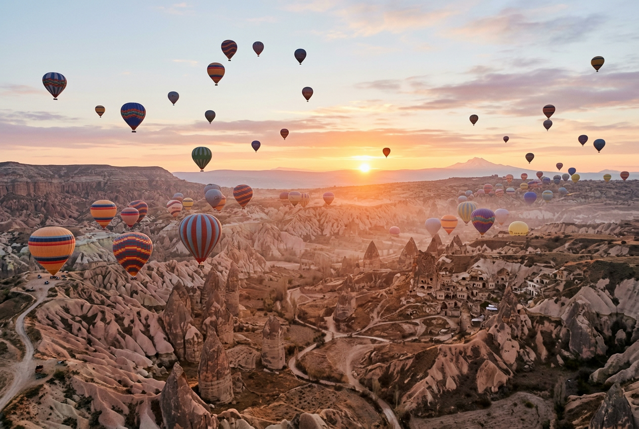 Hot air balloons over Cappadocia at sunrise