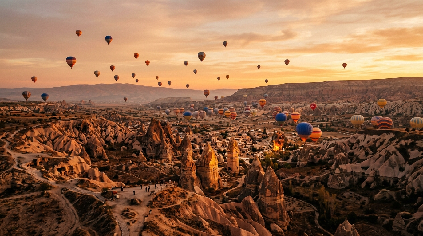 Cappadocia hot-air balloons over fairy chimneys at golden hour