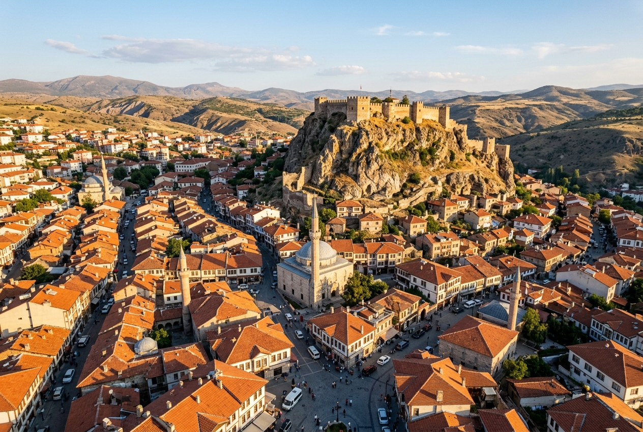 Çankırı town centre from above, castle hill visible
