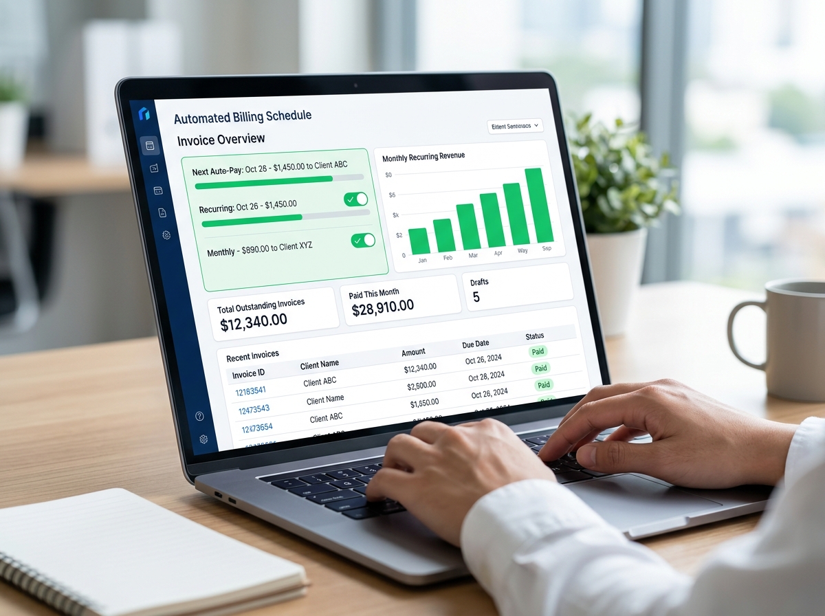 Automated invoicing dashboard on laptop screen