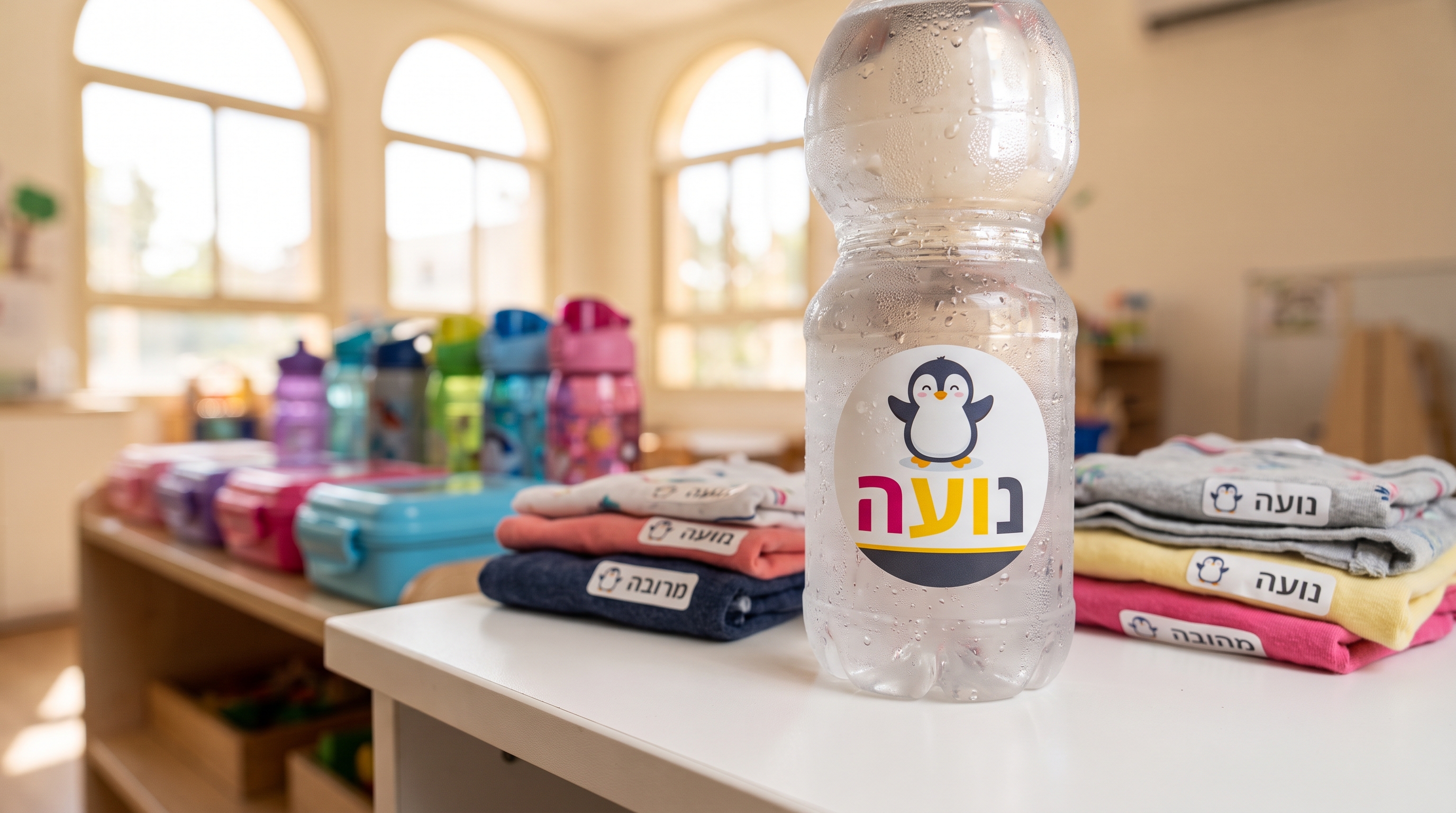 סט מדבקות שם בגדלים שונים על שולחן
