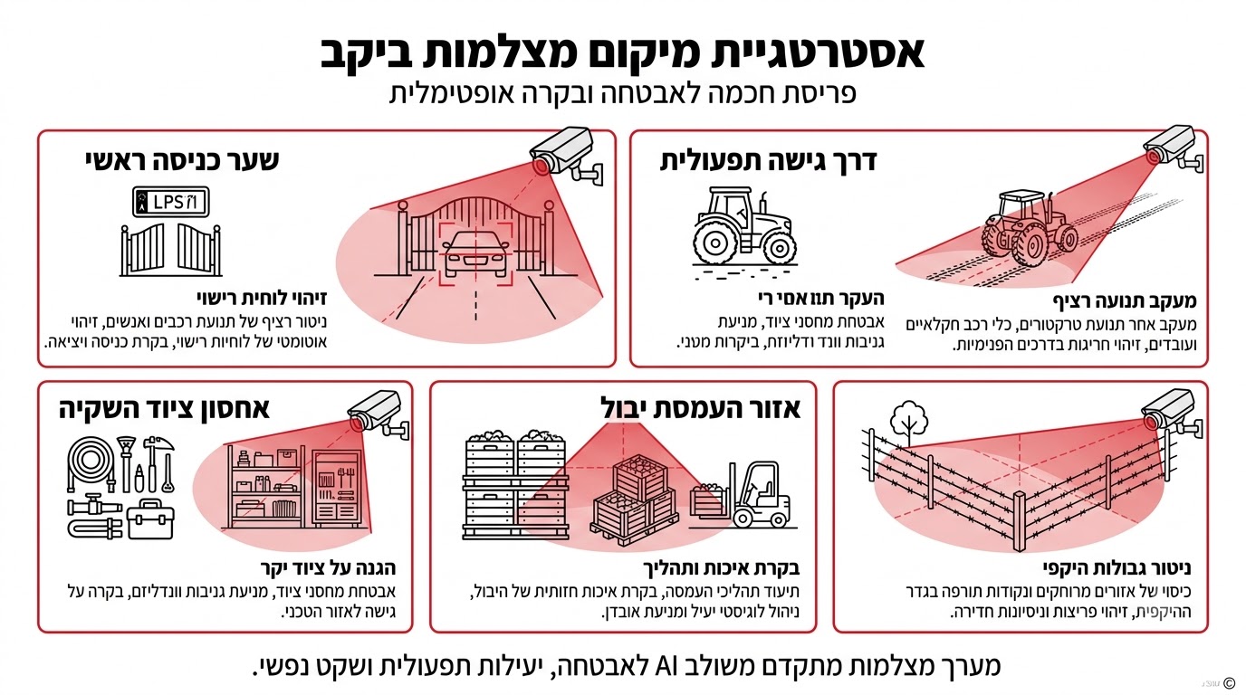 כרם גפנים פתוח עם עמוד מצלמת אבטחה סולארית בקצה החלקה