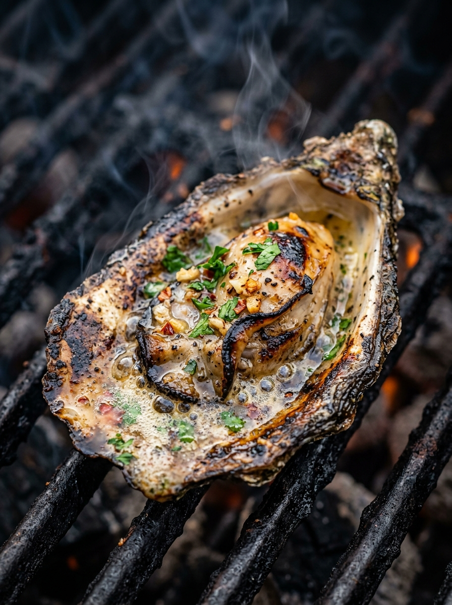 Grilled Oysters Recipe with Garlic Butter Sauce closeup detail