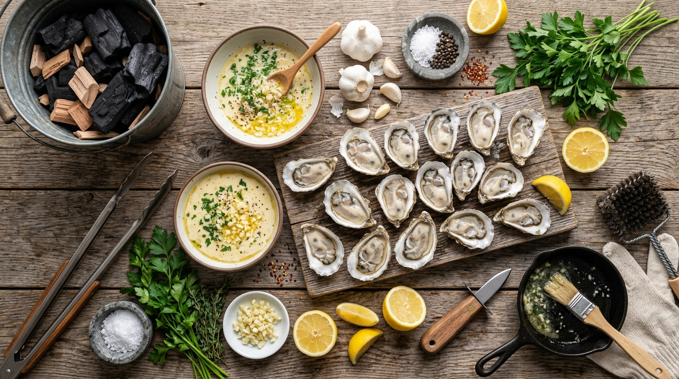 Grilled Oysters Recipe with Garlic Butter Sauce ingredients