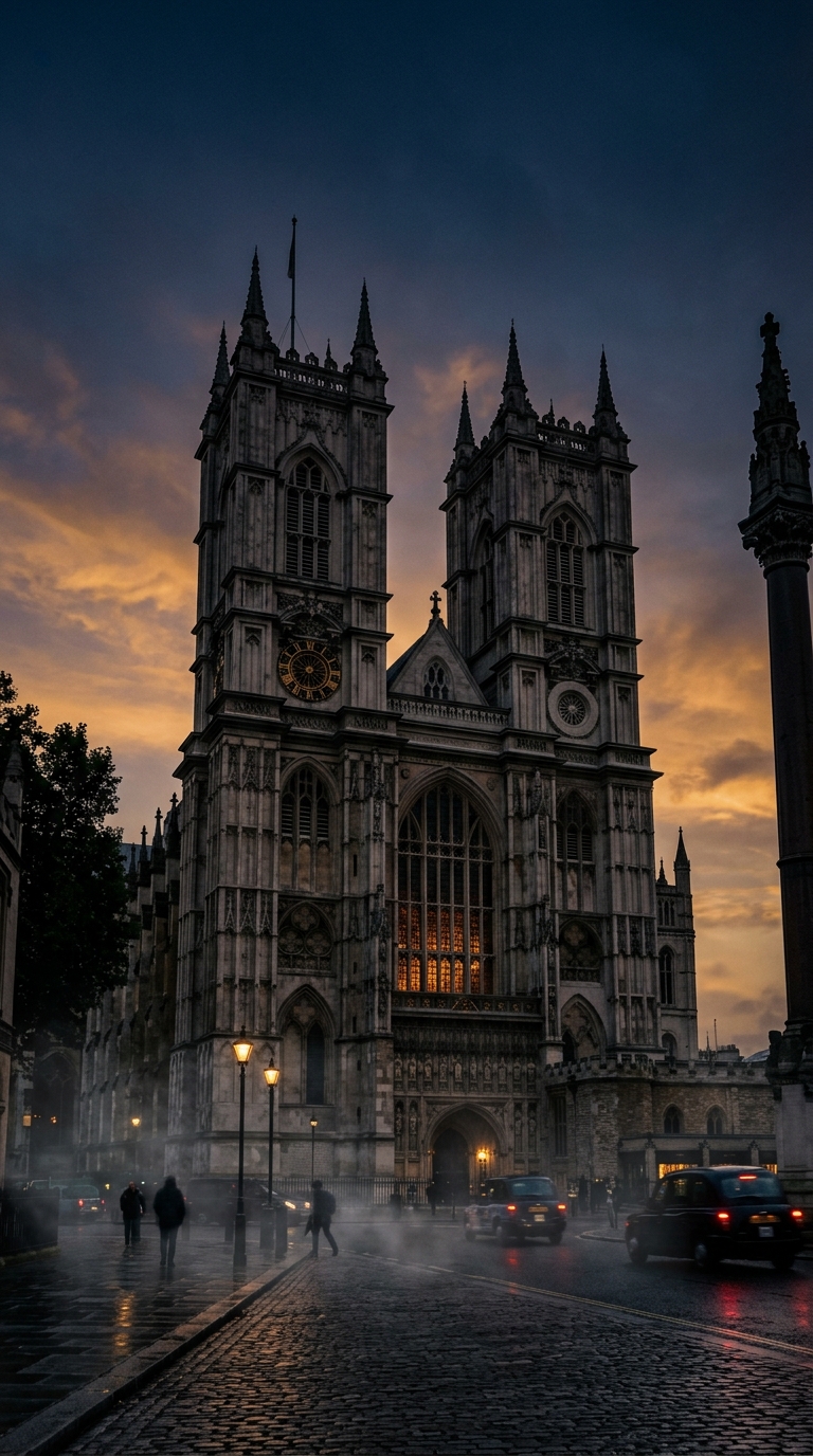 Westminster Abbey west towers at dusk