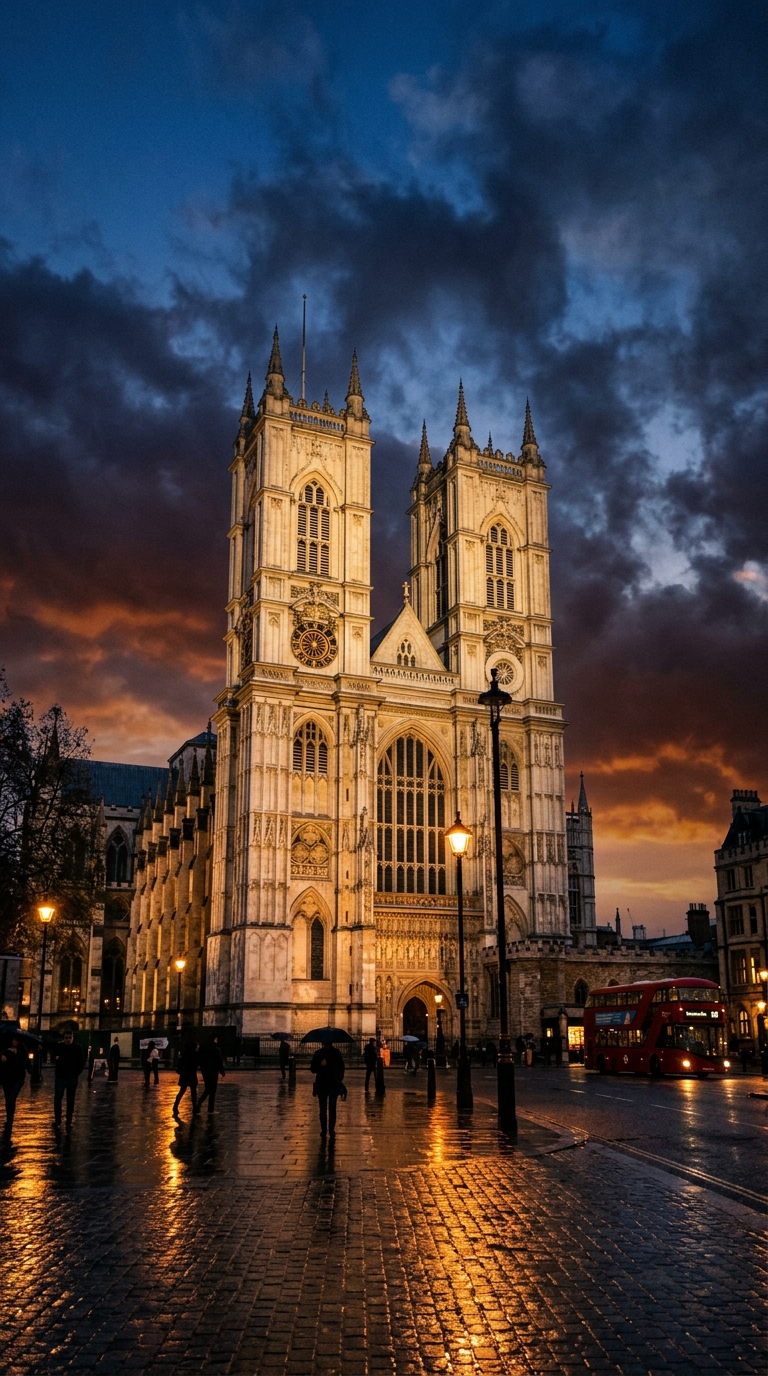 Westminster Abbey Gothic west towers at dusk