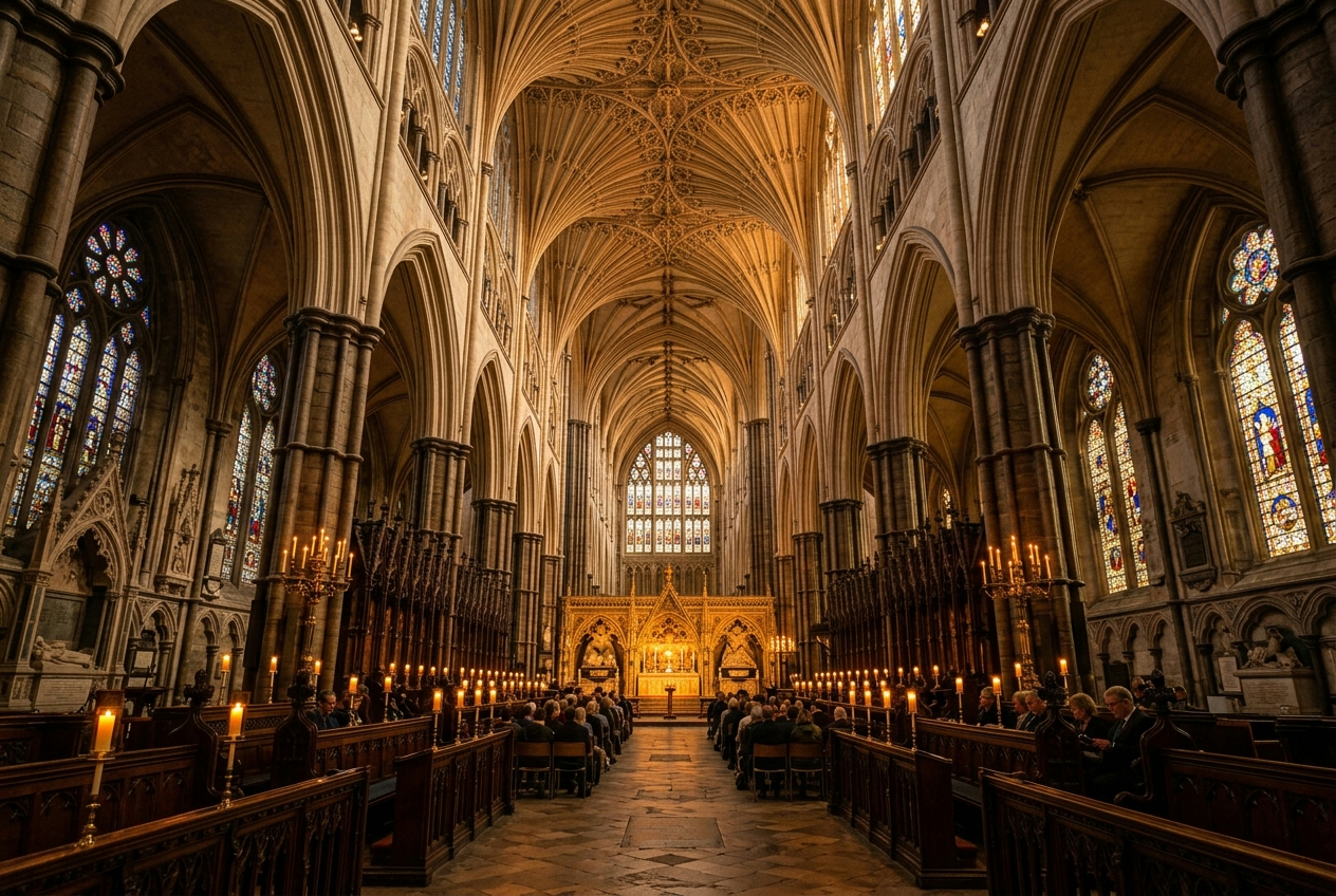 Westminster Abbey interior nave, looking toward the high altar beneath soaring Gothic vaulted ceilings