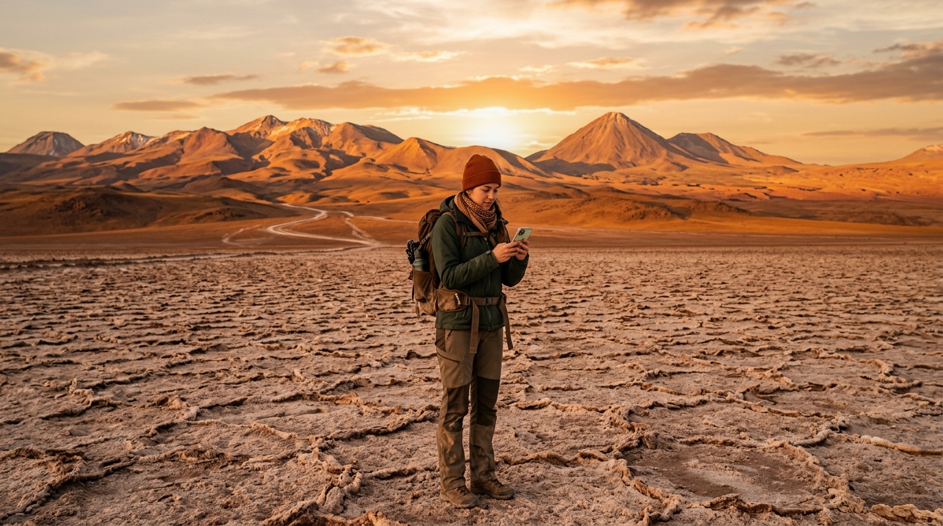 Persona usando móvil en el desierto de Atacama, Chile