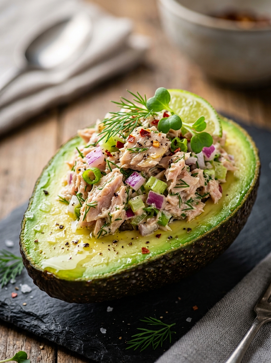 Tuna Stuffed Avocado Recipe - Easy & Healthy Meal closeup detail