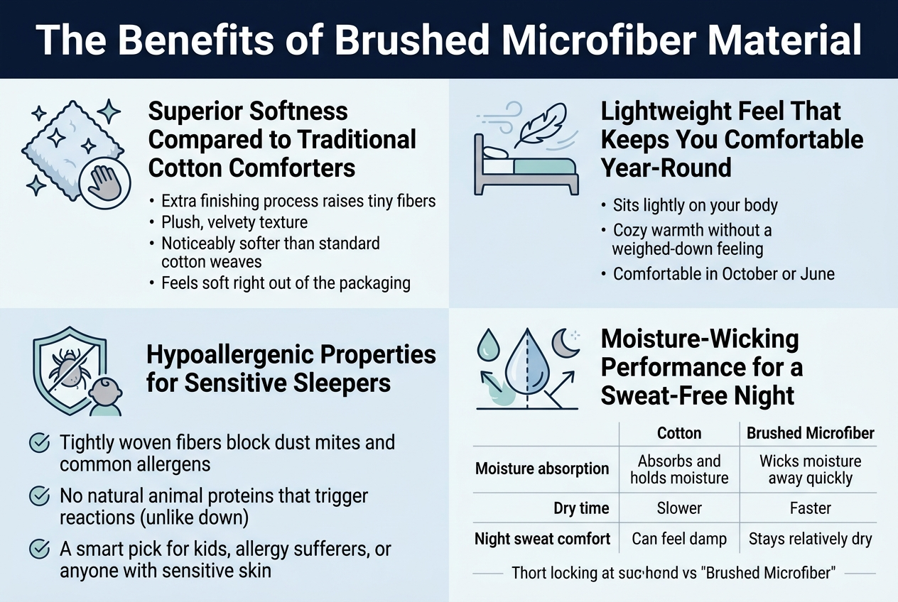 Create a full-bleed clean professional infographic illustration in a 3:2 aspect ratio with a modern soft-luxury bedroom palette of white, pale blue, light gray, and subtle teal accents, using bold sans-serif headings and smaller readable sans-serif body text.

Top banner across the full width with a large bold title in dark navy: "The Benefits of Brushed Microfiber Material"

Below the title, organize the infographic into four wide horizontal sections or two-column blocks with clear icons and strong visual hierarchy:

Left top block:
A plush fabric texture icon with sparkles and a soft hand-touch symbol. Heading: "Superior Softness Compared to Traditional Cotton Comforters"
Include short body text:
"Extra finishing process raises tiny fibers"
"Plush, velvety texture"
"Noticeably softer than standard cotton weaves"
"Feels soft right out of the packaging"

Right top block:
A lightweight bed-and-feather icon with airy motion lines. Heading: "Lightweight Feel That Keeps You Comfortable Year-Round"
Include short body text:
"Sits lightly on your body"
"Cozy warmth without a weighed-down feeling"
"Comfortable in October or June"

Left bottom block:
A shield icon with a dust mite crossed out and a small child silhouette. Heading: "Hypoallergenic Properties for Sensitive Sleepers"
Use three bullet points with small check icons:
"Tightly woven fibers block dust mites and common allergens"
"No natural animal proteins that trigger reactions (unlike down)"
"A smart pick for kids, allergy sufferers, or anyone with sensitive skin"

Right bottom block:
A water droplet icon split into two paths, one absorbed and one repelled, plus a small night moon symbol. Heading: "Moisture-Wicking Performance for a Sweat-Free Night"
Place a simple comparison table with two columns labeled "Cotton" and "Brushed Microfiber" and rows:
"Moisture absorption | Absorbs and holds moisture | Wicks moisture away quickly"
"Dry time | Slower | Faster"
"Night sweat comfort | Can feel damp | Stays relatively dry"
Add a short line below