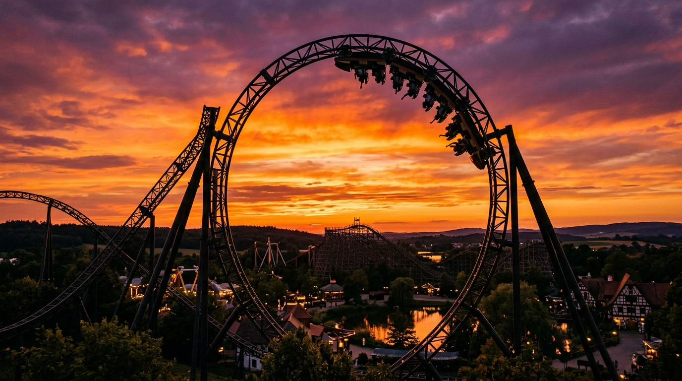 Achterbahn-Silhouette vor Abendhimmel