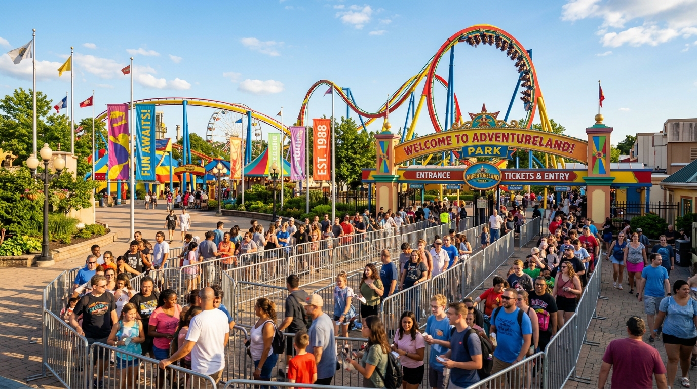 Freizeitpark Schlange mit begeisterten Besuchern