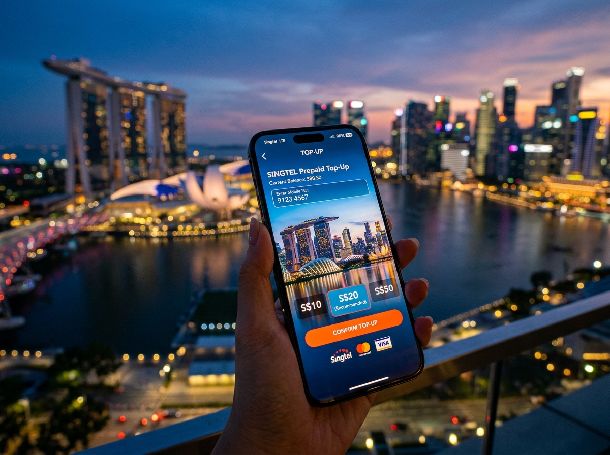 Mobile top-up interface with Singapore cityscape