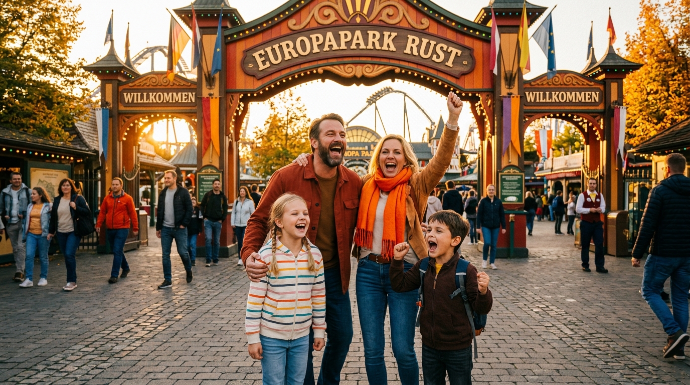 Lachende Familie vor Parkeingang
