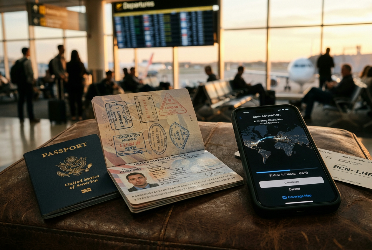 Passport and phone at an airport — eSIM travel guide