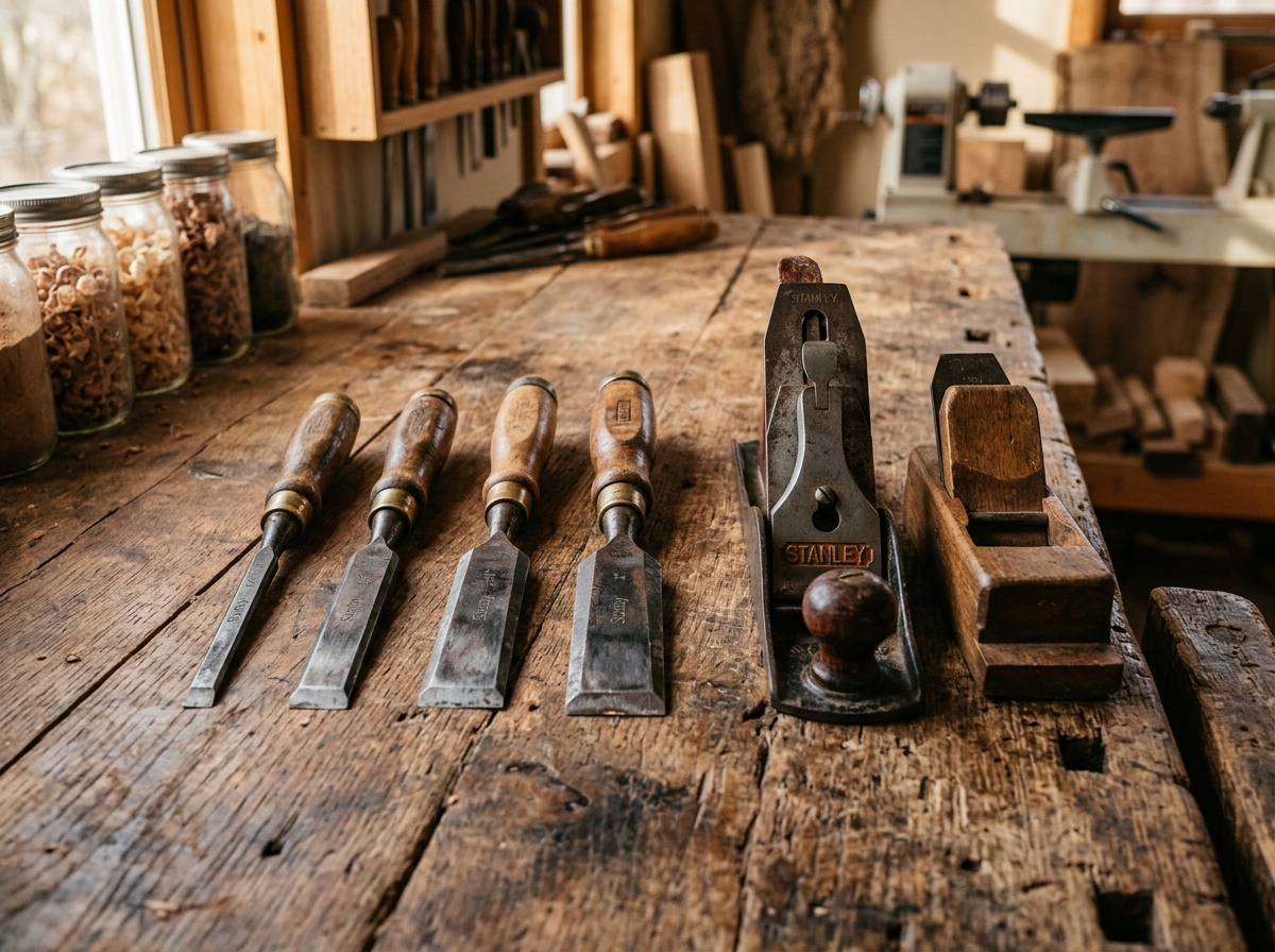 Woodworking tools on the workbench