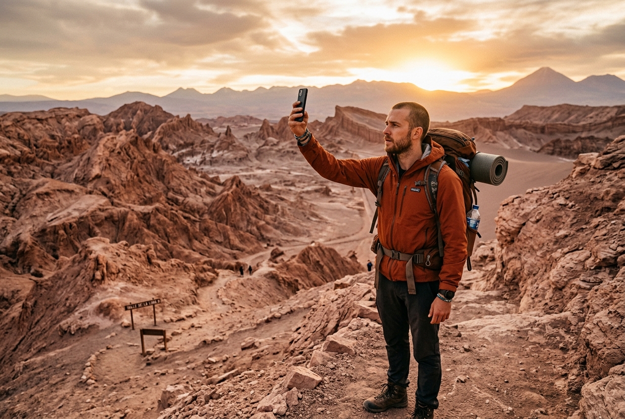 Viajero revisando señal en el Desierto de Atacama