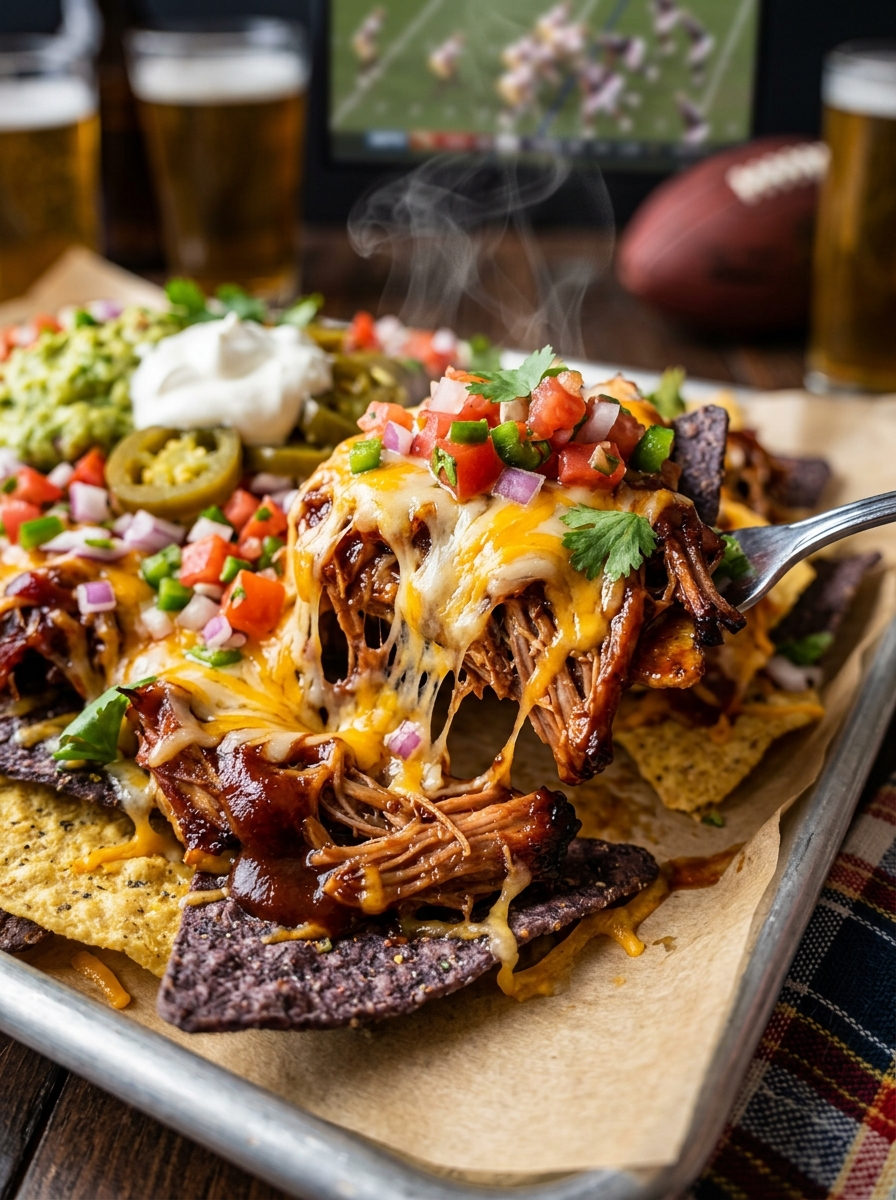 Pulled Pork Nachos Recipe - Ultimate Game Day Dish closeup detail