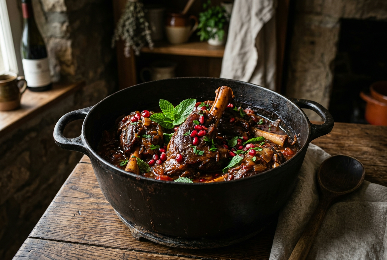Slow-Braised Lamb Shanks with Pomegranate & Warm Spices