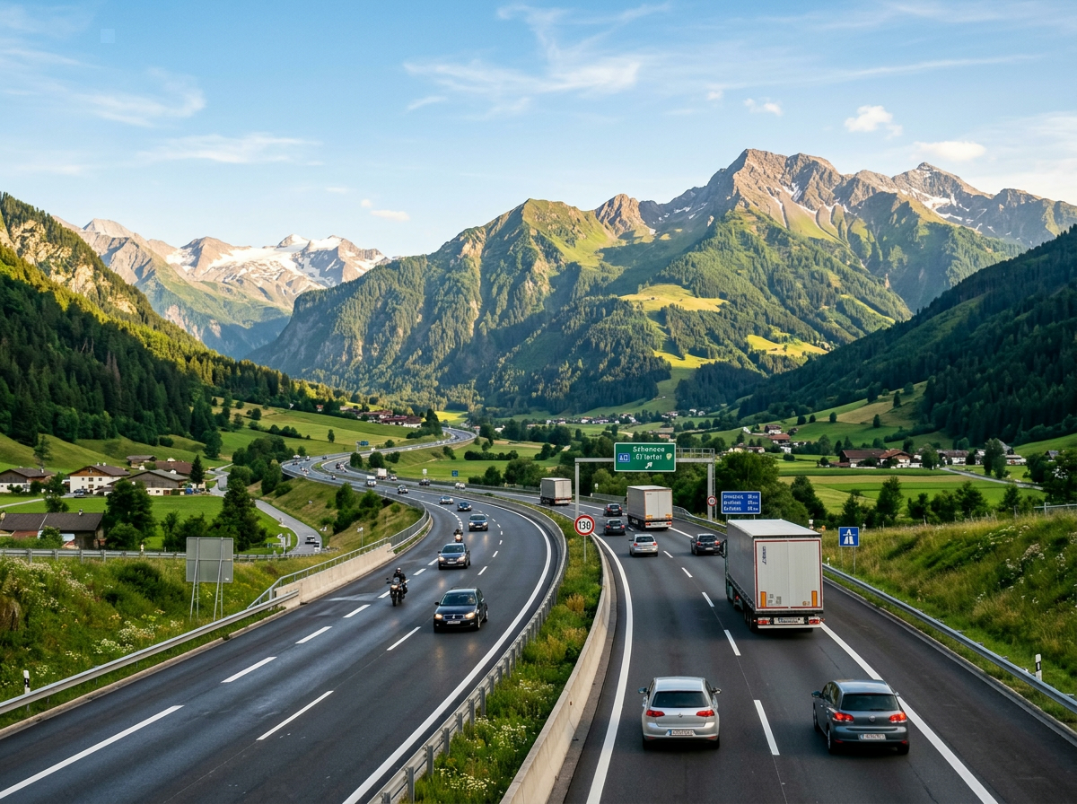 Österreichische Autobahn mit alpiner Bergkulisse