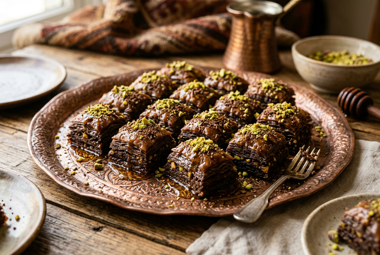 Chocolate Pistachio Baklava with Orange Blossom Syrup