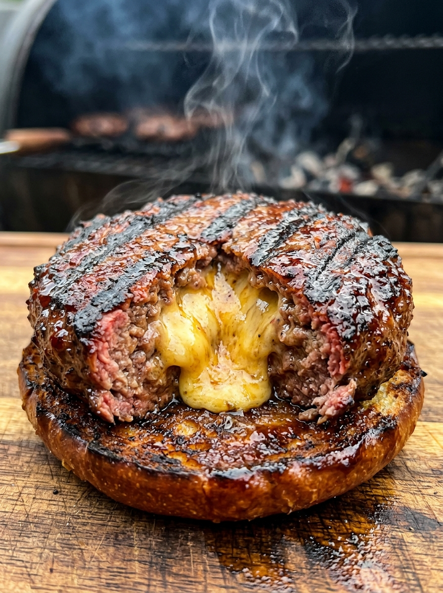 Stuffed Burger Recipe with Cheese Inside - Juicy BBQ closeup detail