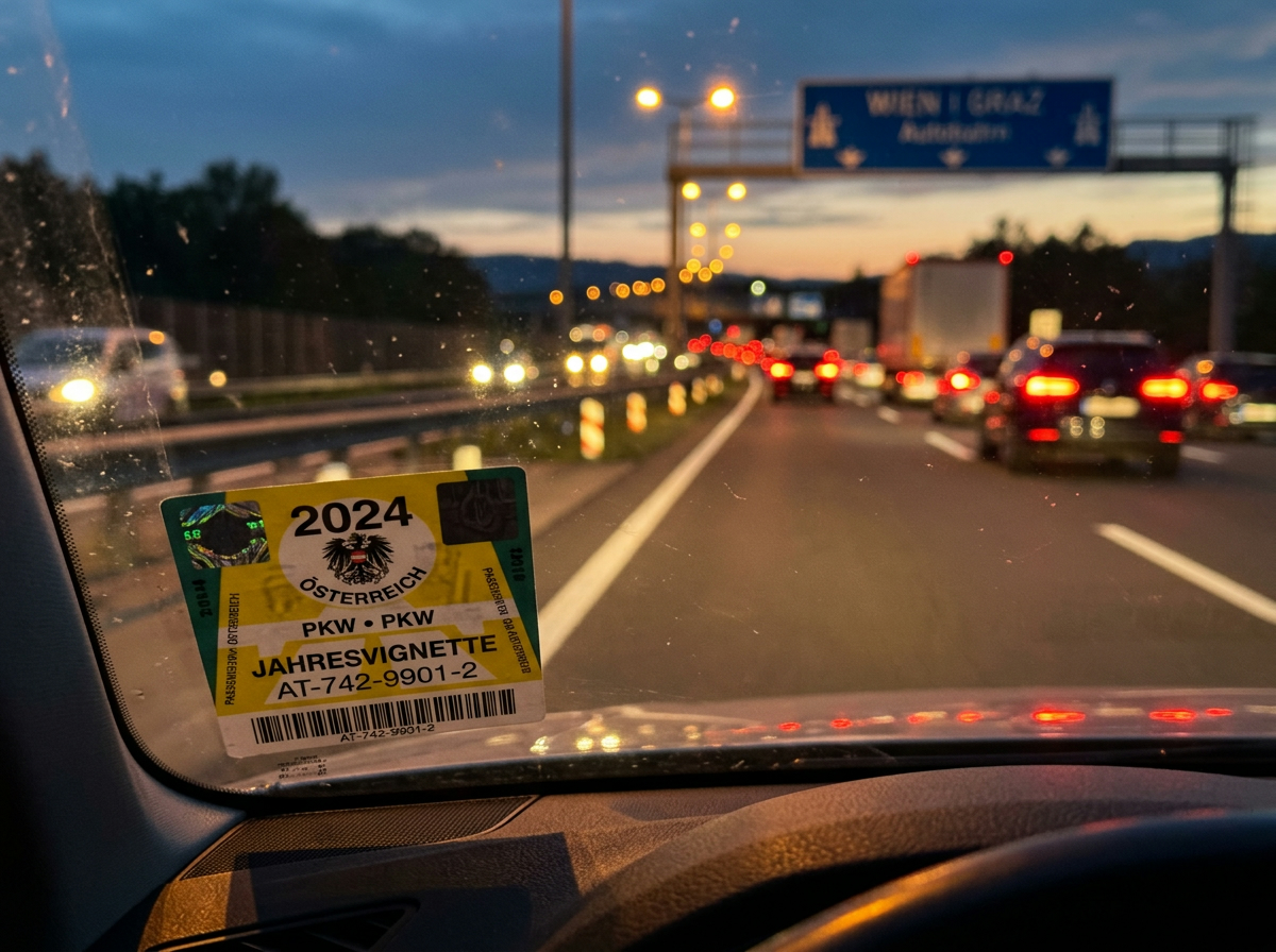 Österreichische Autobahnvignette an der Windschutzscheibe