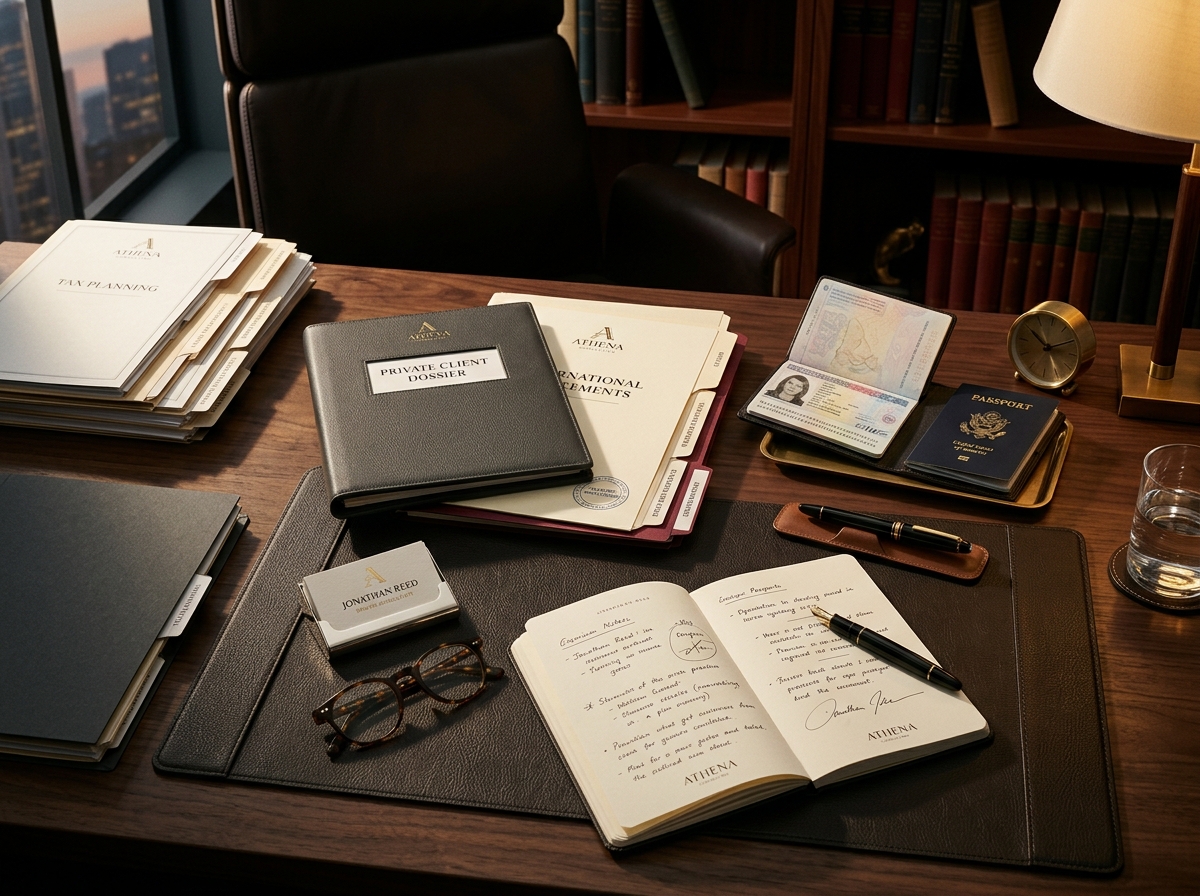 Escritorio de auditoría documental profesional con expedientes internacionales
