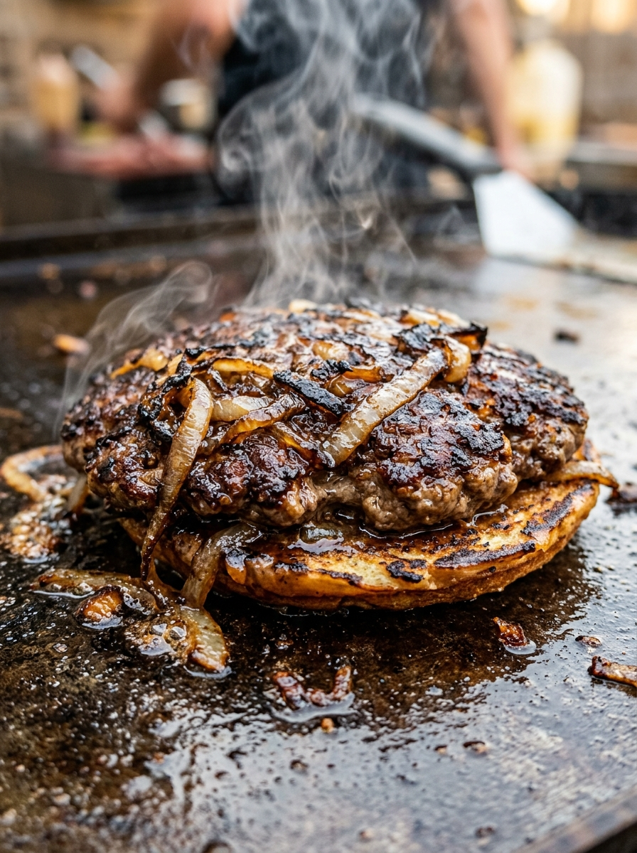 Oklahoma Onion Burger Recipe - Classic Smash Burger closeup detail